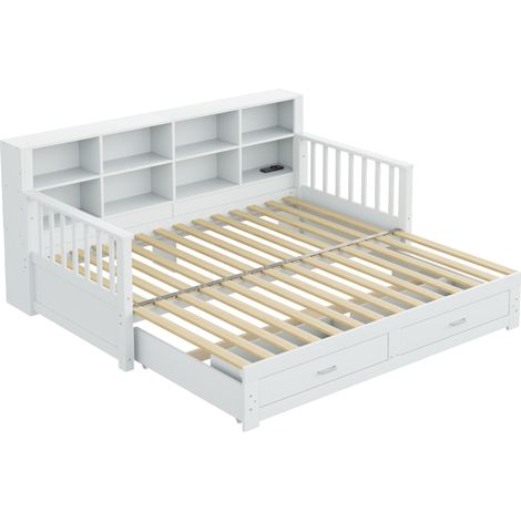 Divano letto estraibile in legno bianco 90/180x190 cm con 2 cassetti e rete a doghe (1/5)