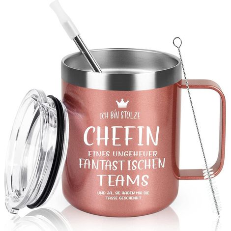 Thermos-Kaffeebecher mit Henkel, 350ml, Edelstahl, Roségold, Geschenk für Chefin (1/5)