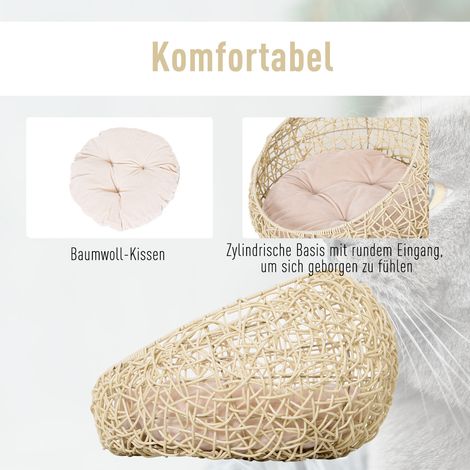 Panier en rotin pour chat, lit douillet avec coussin, tente pour chat et petit chien, maison en osier beige Ø56 x 35 cm (1/5)