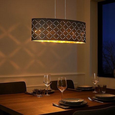 Deckenleuchte Lampe Wohnzimmer hängend schwarz gold Wohnzimmer Hängelampe, 3 Flammig, Metall Textil, 3x LED 7W 806Lm 2700K, LxBxH 65x25x140 cm