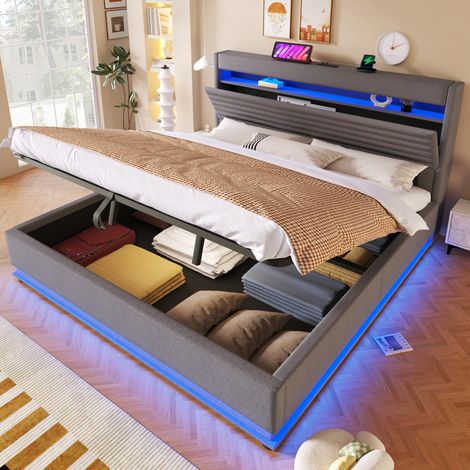 letto contenitore 180x200 LED USB lino grigio HAVRYA (1/5)