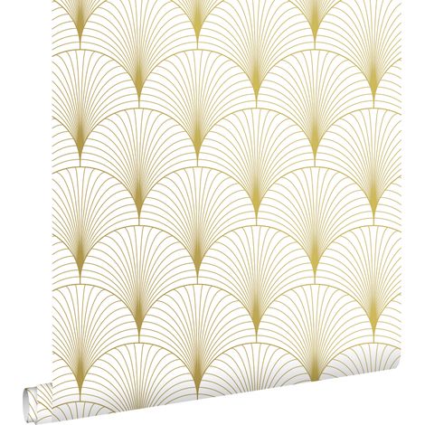 Papier peint art déco blanc et or – Motif répétitif tous les 17.6 cm – Dimensions 53 cm x 10.05 m – Facile à poser intissé – Estahome