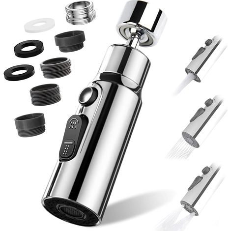CCYKXA Faucet Aerator, 360° Swivel Kitchen Faucet Nozzle with 3 Modes Shower Head Water Saving Tap Aerator, Water Saving Adapter for Bathroom Sink Faucet (Silver) (1/4)