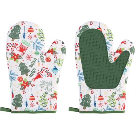 Paire de gants de cuisine en silicone, résistants à la chaleur, style Noël, avec doublure en coton doux, imperméables et antidérapants, pour la cuisine, le barbecue, la pâtisserie et la cuisine. (1/4)