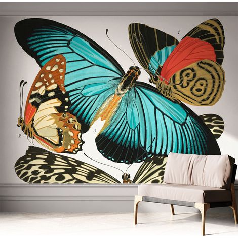 Papier peint adhésif décoratif avec colle pour salon chambre et bureau Installation rapide Papillons colorés 312x219 cm (1/5)