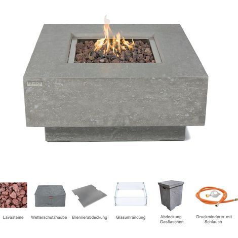 MANHATTAN Gas-Feuertisch 4-tlg. Set Glasfaserbeton 91x91x40 hellgrau