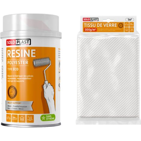 Soloplast – Pack résine polyester type Eco 1 Kg – Tissu de verre Roving 300g/m2 – Résine thixotrope sans styrène – Contrôle optique avec durcisseur (1/5)