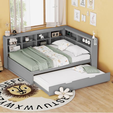 CHICFURN Letto estraibile 140x200 cm con letto 90x190 cm, legno grigio, USB e vani (1/5)