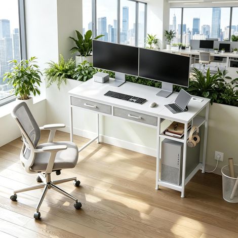 MEUBLIV Bureau 120x51 cm blanc – 2 tiroirs, étagère latérale et prise intégrée (1/5)
