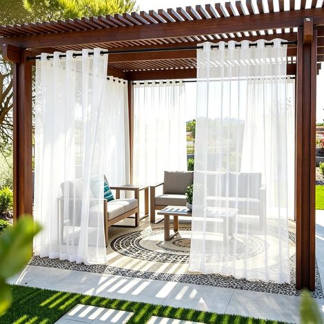 Lot de 2 rideaux d'extérieur résistants aux intempéries, rideaux de balcon avec œillets en haut en bas, imperméables, transparents, pour véranda, tonnelle, pergola, jardin, blanc (1/5)