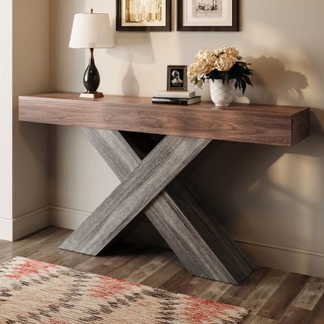 Console étroite avec pieds en X, 140 x 30 x 80 cm, panneaux de particules, marron (1/5)