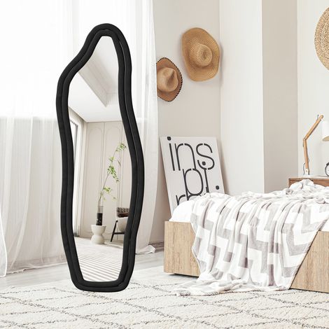 Miroir sur pied velours - 160x50 cm - Grand miroir sur pied, Conception à vagues irrégulières - Peut être fixé au mur ou posé au sol - Noir (1/5)