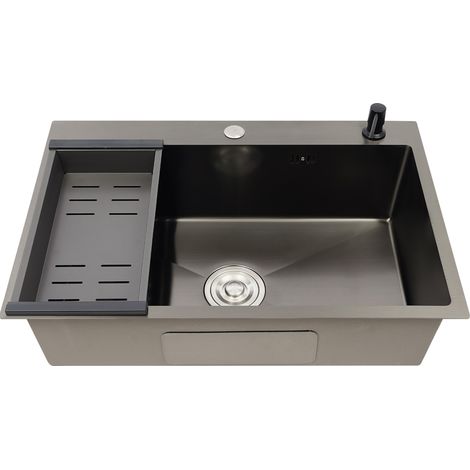 Évier de cuisine - 68 x 45 cm - Noir - Évier moderne en acier inoxydable avec égouttoir et distributeur de savon - Évier encastrable pour cuisine, bar, camping-car (1/5)
