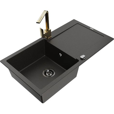 Mexen Leo Granitspüle 1-Kammer mit Abtropffläche und Küchenarmatur Rita, schwarz/gold metallic - 6501-75-670300-50-B (1/5)
