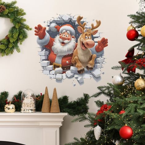 Adesivo murale autoadesivo con Babbo Natale e renne in 3D e effetto muro danneggiato, decorazione per la casa (3939 cm) (1/2)