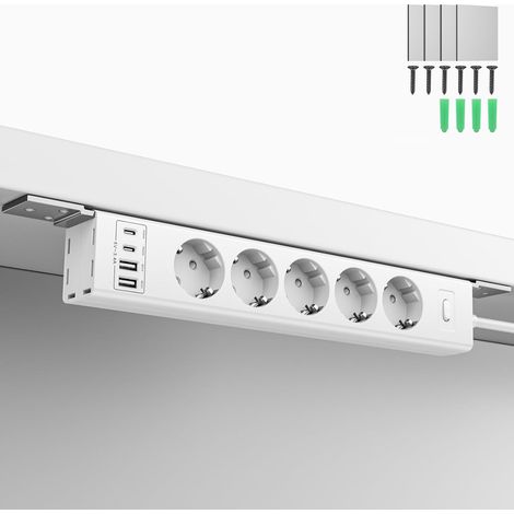 Multiprise montable pour Montage Mural et sous Plan de Travail, 4000W, 5 Prises + 4 USB (2 USB-C PD20W + 2 USB-A 18W), parafoudre, câble Invisible 2m – Bureau, Cuisine, Atelier, Maison (1/5)