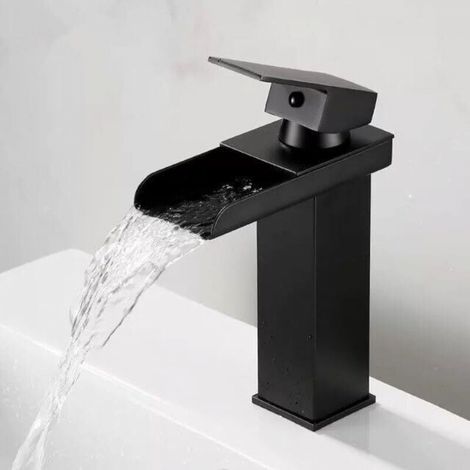 Robinet de lavabo noir et or, robinet de salle de bain, eau chaude et froide, poignée unique, montage sur pont, robinet de lavabo, noir/chrome (modèle court noir 1) (1/3)