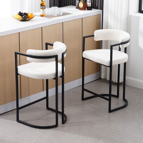 Wahson Lot de 2 tabourets de bar en fausse fourrure – Dossier incurvé et accoudoirs – Pieds en métal noir – Hauteur d'assise 66cm, Blanc