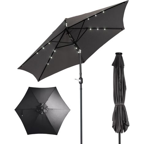 9ft Solar-LED-Patio-Schirm Grau Neigung Kurbel 6 Rippen wasserdicht Garten (1/5)