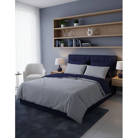Bettwäsche - 1 Bettbezug 140 x 200 cm + 1 Kissenbezug 60 x 60 cm - 100% verstärkter Baumwolle - Dunkelblaue Streifen (1/4)