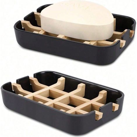 Lot de 2 Porte-savon en Bambou, plateau à savon en bois naturel, drainage, sèchage rapide pour savon, porte-savon durable et hygiénique, organisateur de salle de bain, rangement économise de place. (1/4)