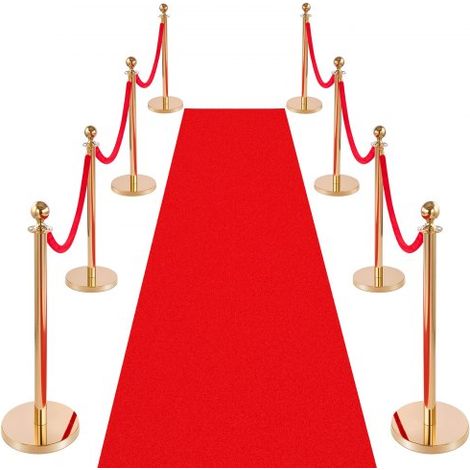 Absperrpfosten 8-teilig, Personenleitsystem Set mit Rotem Teppich (10 m) & 6 Roten Samtseilen (1,5 m), Absperrständer mit Nachfüllbarem Sockel für Konzerte Ausstellungen Hotels Kinos (Golden) (1/5)