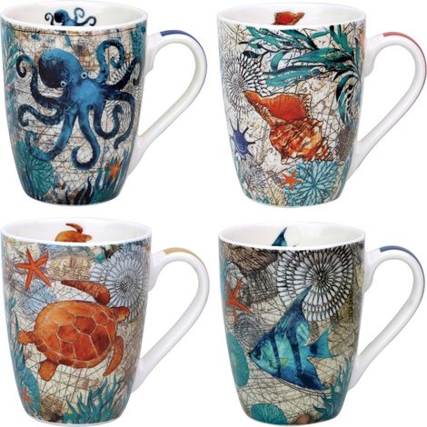 Set de 4 tazas de porcelana con motivos marineros 12 cm