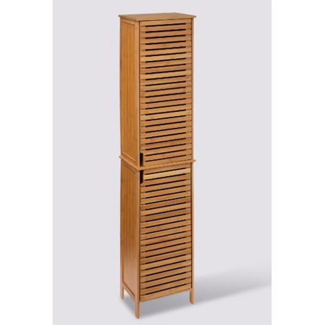Pegane – Colonne de salle de bain 2 portes en bambou naturel – Dimensions : L.34 x P.24 x H.170 cm – Meuble de rangement élégant