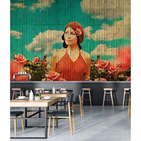 Papier peint panoramique bois floral original Tapisserie panoramique fleurie avec femme Papier peint panoramique bureau & couloir (1/3)