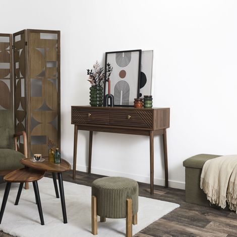 The Home Deco Factory – Console rétro-chic en bois foncé avec 2 tiroirs – Finition élégante – Pour entrée, salon ou chambre