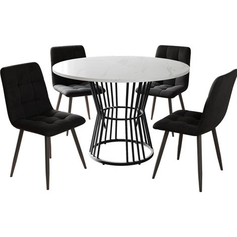 Set de comedor redondo 5 piezas 100 cm, tablero MDF efecto mármol y 4 sillas de terciopelo (1/5)