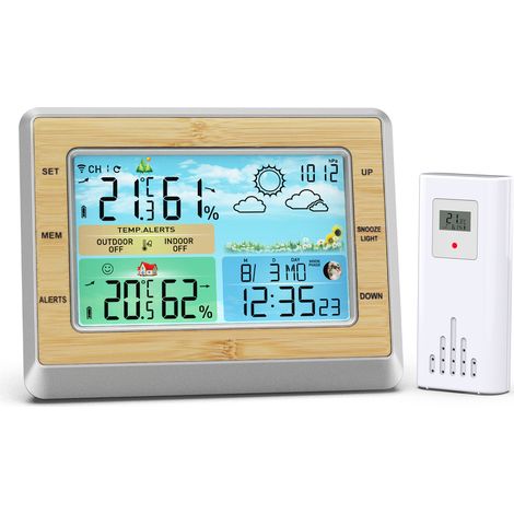 Horloge Électronique Multifonction avec Finition Bambou et Affichage Metéo Coloré – Modèle EN8829A – Prévisions Meteorologiques Sans Fil RF et Calendrier Perpétuel