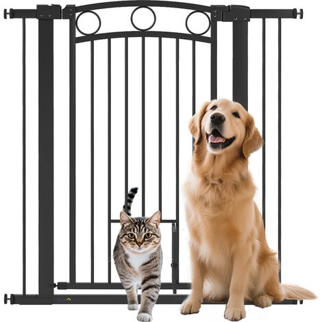 Barrera para mascotas de 106 cm de altura con ancho ajustable, puerta para gatos integrada, para escaleras y marcos de puertas, color negro. (1/5)