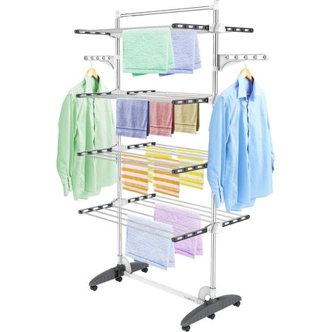 Séchoir à Linge Pliant à 4 Niveaux, Etendoir à Linge intérieur en Acier Inoxydable, Sèche-Linge 2tendoir Pliable avec Barre Supérieure, Ailes réglables en Hauteur pour Terrasse Jardin, Gris