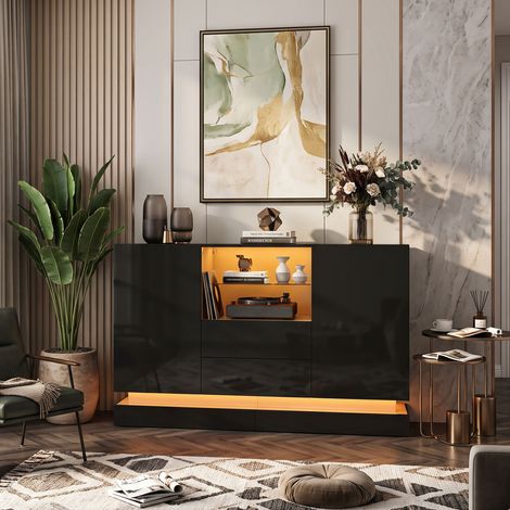 Creahappy Buffet Enfilade LED 140x40x84 cm - Grand Rangement Salon - 2 Portes 2 Tiroirs avec Étagère en Verre - Noir Brillant (1/5)
