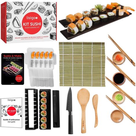 Kit sushi maki complet - Sushi maker - Appareil pour fabrication sushi - Coffret avec natte en bambou, couteau japonais, baguettes, moule à sushi, moule à maki - Idée cadeau homme femme (1/5)