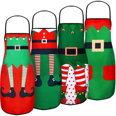 Ensemble de 4 tabliers de Noël à bretelles réglables, motif lutin festif, idéal pour la cuisine, les barbecues et pour ajouter une touche de gaieté aux activités de Noël des femmes. (1/5)