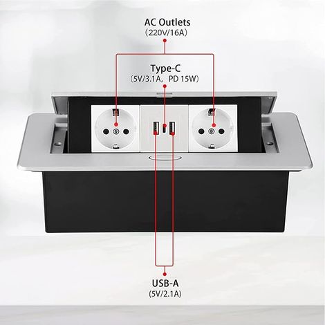 Einbausteckdose, silberne Arbeitsplatten-Steckdosenleiste, einziehbare Steckdosenleiste mit 2 Steckdosen und USB-Anschluss und TypeC-Anschluss, Küchenarbeitsplattensteckdose, modulares 1,8-m-Kabel (1/5)