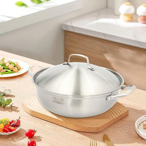 32cm 304 Stainless Steel Wok with Lid - Stir-Frying Pan for Induction, Gas, Electric & Halogen Stoves