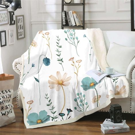 Couverture Fleurie Aquarelle 130x150cm, Plaid Canape Fleur Beige Bleu Sarcelle pour Fille Femme Adulte, Couverture Polaire Floral Moderne Minimaliste, Jetés de Lit Esthétique (1/5)