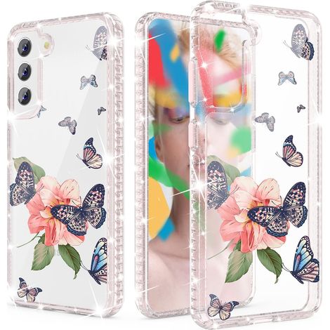 COQUE EN SILICONE POUR SAMSUNG GALAXY S22+ CADRE À PAILLETTES ROSE FLEURS PAPILLONS (1/5)