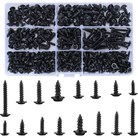 350 Pièces Vis Autotaraudeuses Noir M3x10-M4.8x12 8 Tailles (1/5)