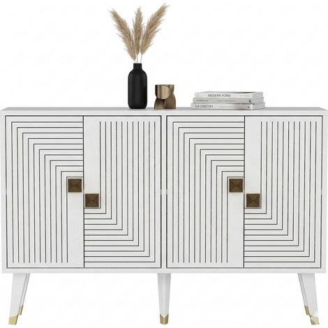 Credenza Thiene, Madia 2 Ripiani, 4 Ante, Effetto Geometrico, 120x30x80h cm Bianco
