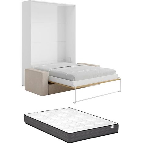 Letto a scomparsa 160 x 200 cm - Apertura verticale manuale - Colore: Naturale e bianco + Materasso + Divano - BEGANIO