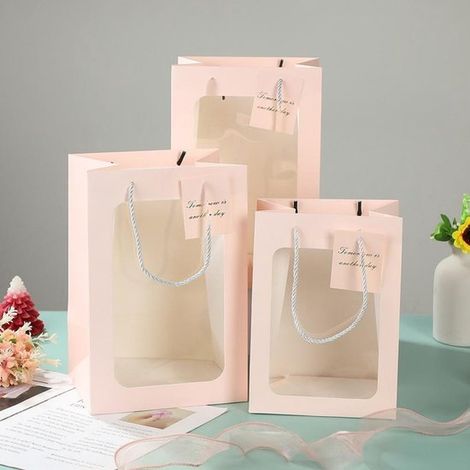Eleganti sacchetti regalo bianchi con finestra trasparente, set da 6, 3 diverse misure, sacchetti di carta per fiori e regali, robusta borsa per il trasporto (1/5)
