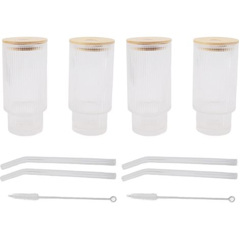 Vintage-Trinkgläser (325 ml) mit Bambusdeckel und Strohhalm, ideal für Eiskaffee, Cocktails, Smoothies, Milch, Cola und Bier – Vertikales Maserungsdesign (1/5)