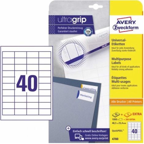 Universaletikett ultragrip 48,5 x 25,4 mm (B x H) nicht wieder ablösbar Papier weiß 1.200 Etik./Pack. (1/5)