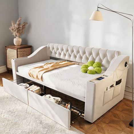 Cadre de lit beige en upholstered 214,5 x 96 x 78,5 cm (1/5)