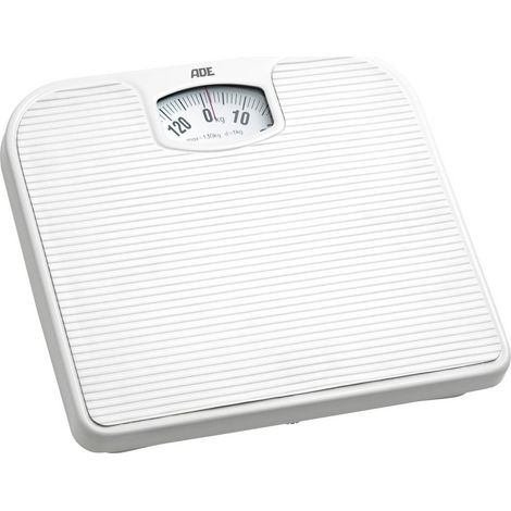 Bilancia pesapersone meccanica ADE Nina con superficie antiscivolo, portata fino a 120 kg, dimensioni 27 x 24 cm, colore bianco.