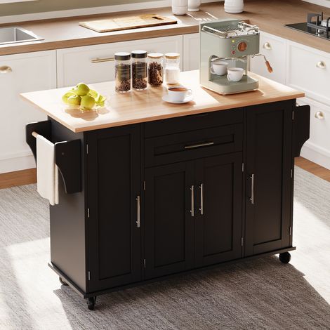 Îlot de cuisine mobile 136x70x92 cm en MDF noir et naturel, avec rangement, pour cuisine FloraGrace (1/5)